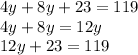 4y+8y+23=119\\4y+8y=12y\\12y+23=119\\