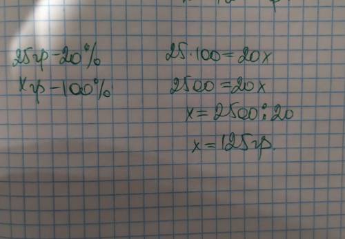 На зошити Марійка витратила 25 грн, що становить 20 % усіх її грошей. Скільки грошей було в Марійки