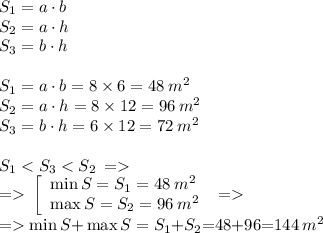 S_{1} = a \cdot{b} \\ S_{2} = a \cdot{h} \\ S_{3} = b\cdot{h} \\ \\ S_{1} = a \cdot{b} =8 \times 6 = 48 \: {m}^{2} \\ S_{2} = a \cdot{h} = 8 \times 12 = 96 \: {m}^{2}\\ S_{3} = b\cdot{h} = 6 \times 12 = 72\: {m}^{2} \\ \\ S_1 \: \left[ \begin{array}{l} \min {S }= S_1 = 48 \: {m}^{2} \\ \max {S }= S_2 = 96\: {m}^{2} \\ \end{array} \right. \: = \\ = \min {S } {+} \max {S } = S_1 { +} S_2 {=} 48 {+} 96{ =} 144\: {m}^{2}