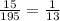 \frac{15}{195} = \frac{1}{13}