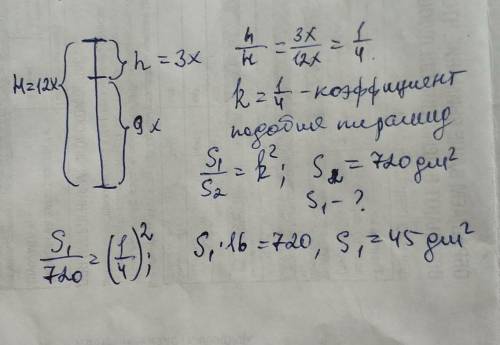 Сечение, которое проведено параллельно основанию четырёхугольной пирамиды, делит высоту пирамиды в о