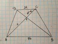 Диагонали трапеции ABCD с основаниями AB и CD пересекаются в точке О Найдите AO ,если AB=9.6дм,DC=24