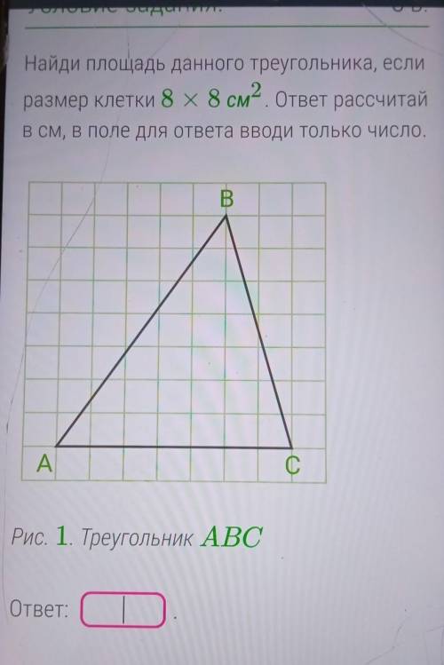 Найди площадь данного треугольника, если размер клетки 8 x 8 квадратных сантиметров .ответ рассчитат