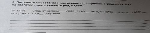 2. Запишите словосочетания, вставьте пропущенные окончания. Над прилагательными укажите род, падеж.