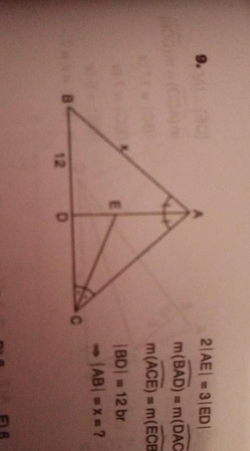 9. 2|AE= 3 ED m(BAD) = m(DAC) m(ACE) = m(ECB) | BD = 12 br (AB) = X = ? E B 12 D A) 24 B) 18 C) 12 D