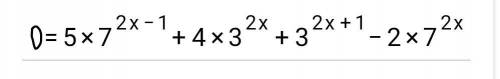 Решите уравнение5*7^(2х-1)+4*3^(2х)+3^(2х+1)-2*7^(2х)=0