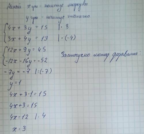 Чотири морозива й три тістечка коштують 15 грн, а три морозива та чотири тістечка 13 грн. Скільки ко