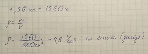 З якого металу виготовлено деталь, якщо її маса 1,56 кг, а об'єм 200 см³