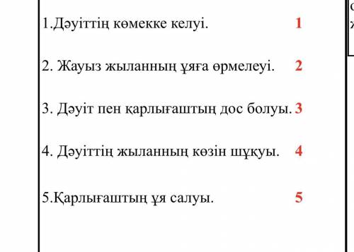 1.Дәуіттің көмекке келуі. 1 2. Жауыз жыланның ұяға өрмелеуі. 2 3 3. Дәуіт пен қарлығаштың дос болуы.