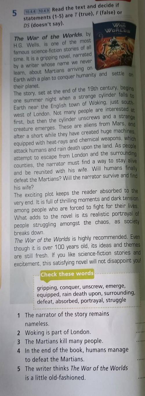 5. statements (1-5) are T (true), F (false) or DS (doesn't say). The War of the Worlds, by HG Wells,