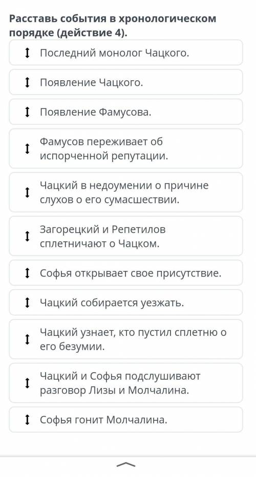 Расставь события в хронологическом порядке (действие 4). я последний монолог чацкого. появление чацк