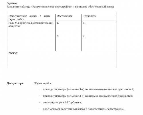 Заполните таблицу «Казахстан в эпоху перестройки» и напишите обоснованный вывод