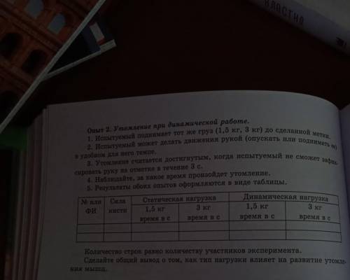 Опыт 2. Утомление при динамической работе. 1. Испытуемый поднимает тот же груз (1,5 кг, 3 кг) до сде