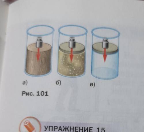 по рисунку 101 Объясните передачу давления твёрдым, сыпучим телами и жидкостью. Изобразите стрелками