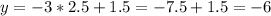 y = -3*2.5+ 1.5 = -7.5+1.5=-6