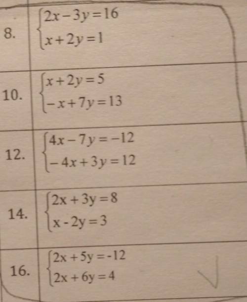 8. S2x-3y=16 2x+2y=1 10. (x+2y=5 |-x+ 7y=13 12. (4х- 7y=-12 |-4x+3y =12 - 14. (2x+3y=8 x-2y=3 X 16.