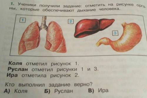 1. Ученики получили задание: отметить на рисунке орга- ны, которые обеспечивают дыхание человека. Ко