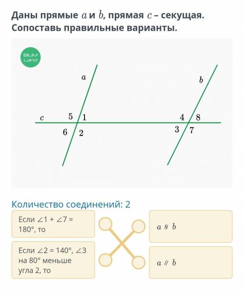 Даны прямые a и b, прямая с - секущая. Сопоставь правильные варианты .