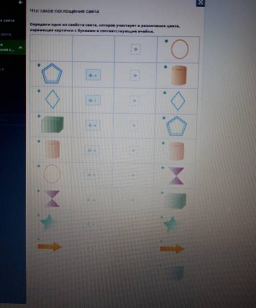 Определи одно из свойств света, которое участвует в различение цвета , перемещая карточки с буквами