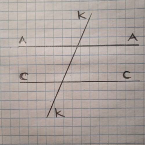 Постройте две параллельные прямые АА и СС проведите через них секущую КК так что бы накрест лежащие
