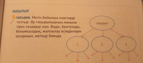 ЖАЗЫЛЫМ 5-тапсырма. Мәтін бойынша кластерді у толтыр. Әр тақырыпшаның жанына тірек сөздерді жаз. Өзд