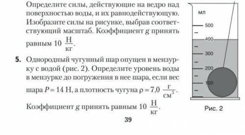 Однородный чугунный шар опущен в мензурку с водой (рис. 2). Определите уровень воды в мензурке до по