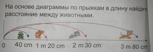 на основе диаграммы по прыжкам в длину Найдите расстояние между животными лягушка 40 см собачка 1м 2