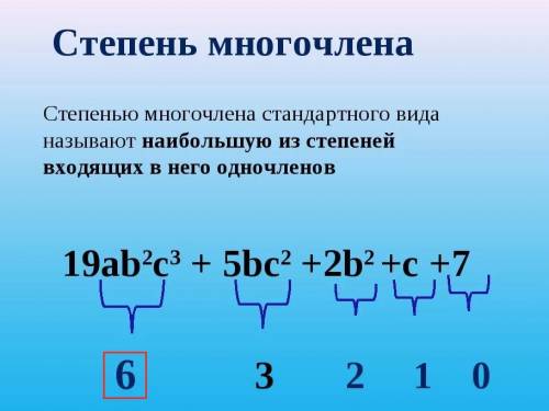 Укажите степени многочленов. 8х⁷-3х³+12ху²-3956ху⁵-76х⁵у⁵+56х⁹+z⁹34x+76x-12xyzxy²z+55xyz⁴-125xyz