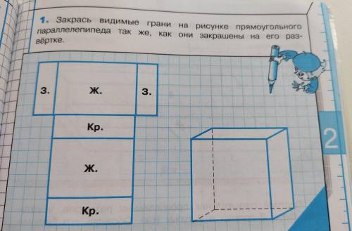 1. Закрась видимые грани на рисунке прямоугольного параллелепипеда так же, как они закрашены на его