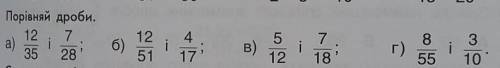 Порівняй дроби. а)12/35 и 7/28 б)12/51 и 4/17 в)5/12 и 7/18 г) 8/55 и 3/10