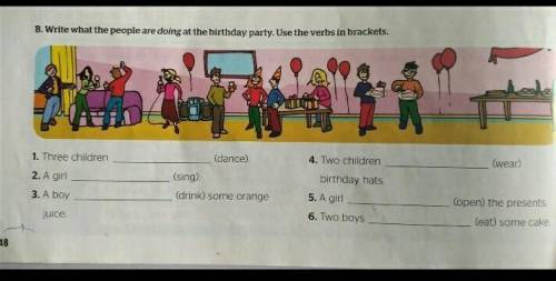 Write what the people are doing at the birthday party. Use the verbs in brackets. 1. Three children