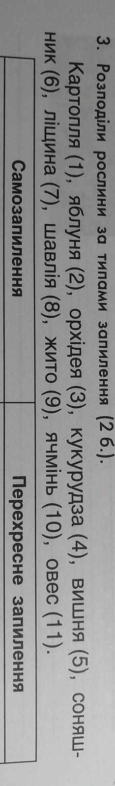 3. Розподіли рослини за типами запилення (2 б.). Картопля (1), яблуня (2), орхідея (3), кукурудза (4