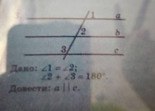 Дано: Кут 1 = Куту 2; Кут 2 + Кут 3 = 180°Довести: а || с очень