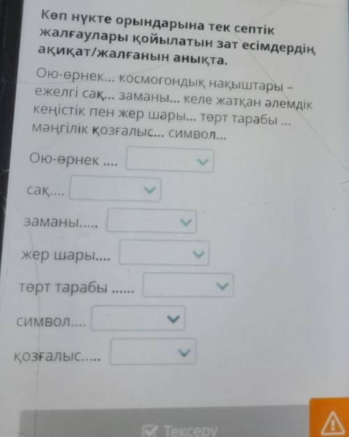 Көп нүкте орындарына тек септік жалғаулары қойылатын зат есімдердің ақиқат/жалғанын анықта. Ою-өрнек