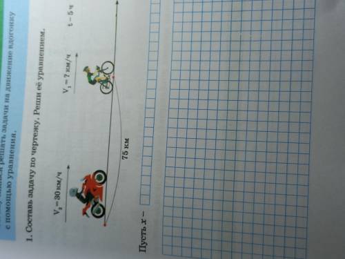 1.Составь задачу по чертежу.Реши её уравнением.V2-30км/ч V1-? Км/ч t-5ч 75 км