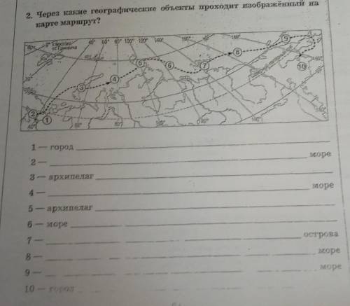 Через какие географические объекты проходит изображенный на карте маршрут ?