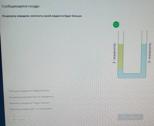 Сообщающиеся сосуды. По рисунку определи, плотность какой жидкости будет больше.1) Плотность жидкост