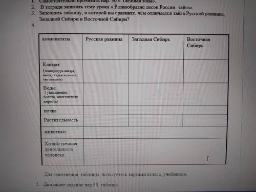 Заполните таблицу: Чем отличается тайга Русской равнины, Западной Сибири и Восточной Сибири?