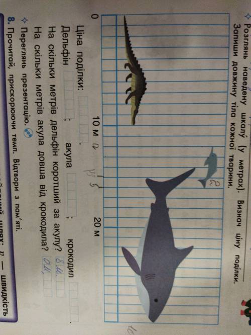 Розглянь шкалу визнач ціну поділки.Запиши довжину тіла кожної тварини