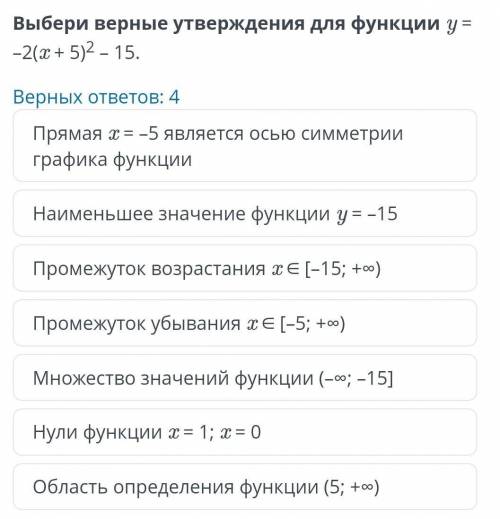 Выбери верные утверждения для функции у= -2(x + 5)² - 15.