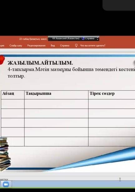 ЖАЗЫЛЫМ. АЙТЫЛЫМ. 4-тапсырма. Мәтін мазмұны бойынша төмендегі кестені тотыр. Абап Тақырыпта Тірек со