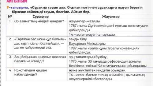 «Сұрақты тауып ал». Оқыған мәтіннен сұрақтарға жауап беретін бірнеше сөйлемді тауып, белгіле. Айтып