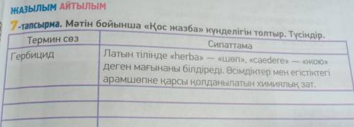 7-тапсырма. Мәтін бойынша «Қос жазба» күнделігін толтыр. Түсіндір. Термин сөзСипаттамаГербицидЛатын