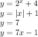 y = {2}^{x} + 4 \\ y = |x| + 1 \\ y = 7 \\ y = 7x - 1