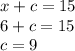 x+c=15\\6+c=15\\c=9