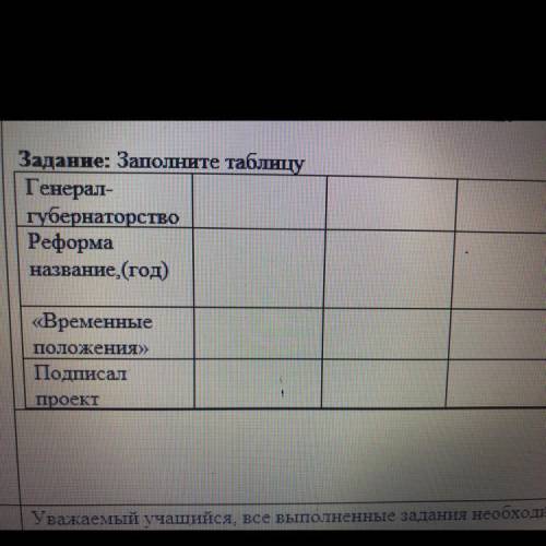 Задание: Заполните таблицу Генерал- губернаторство Реформа название,(год) «Временные положения» Подп