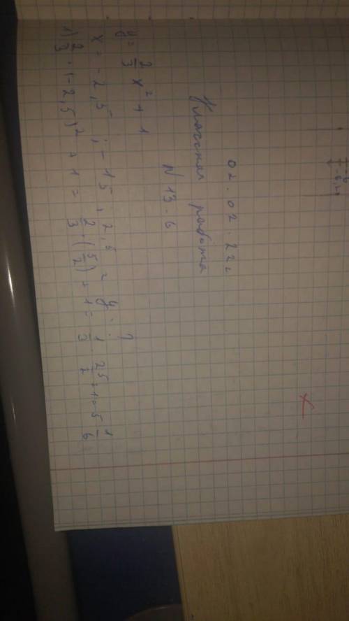 Постройте график функций y = 2/3 x² + 1 по графику найдите : 1)значение y при x = - 2,5; - 1,5; 2,5;