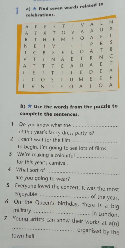 A) find seven words related to a) * celebrations. b) * use the words from the puzzle to complete the