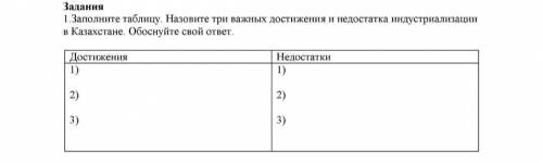 1.Заполните таблицу. Назовите три важных достижения н недостатка индустриализации в Казахстане. Обос