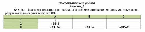 Дан фрагмент электронной таблицы в режиме отображения формул. Чему равен результат вычислений в ячей